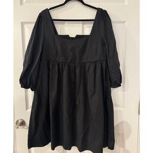 Terra & Sky Black Puff Sleeve Empire Waist Dress OX 14W Square Neck Smocked Back